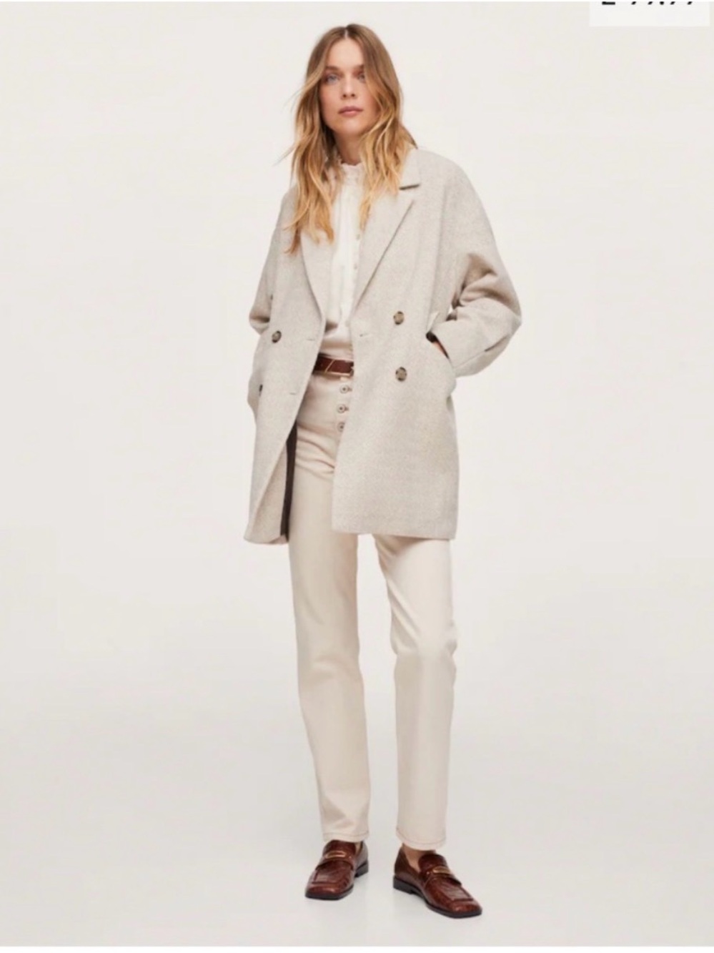 Mango Women's Herringbone Double-Breasted Coat Beige Wool-blend Size Small